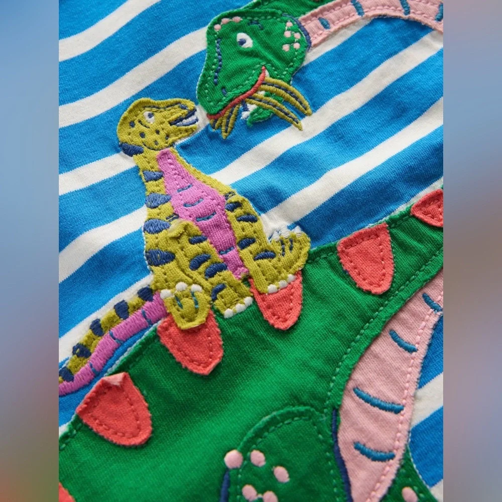 *New* Mini Boden Blue Striped Dinosaur Top Long Sleeve Size 6-7
